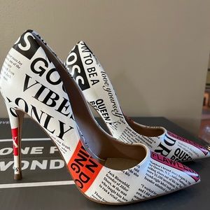 Steve Madden Vala White Newspaper Stiletto Pumps